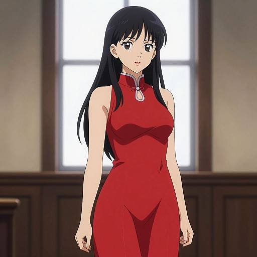 Anime-style digital drawing of a serious young woman with long black hair, wearing a tight red cheongsam dress, standing in front of a bright window