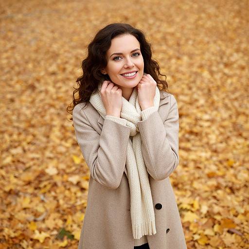 Photograph of a smiling woman with curly brown hair, wearing a beige coat and white scarf, standing on a yellow autumn leaf-covered ground.
