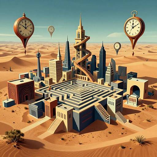 Digital art: Futuristic cityscape with maze-like architecture in desert, surrounded by floating clock buoys, clear sky, and sparse vegetation.