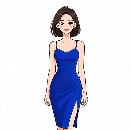Digital anime-style drawing of a smiling woman with short black hair, wearing a form-fitting, sleeveless blue dress with a thigh-high slit.