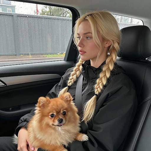 Blonde Woman with Pomeranian in Car on Rainy Day
