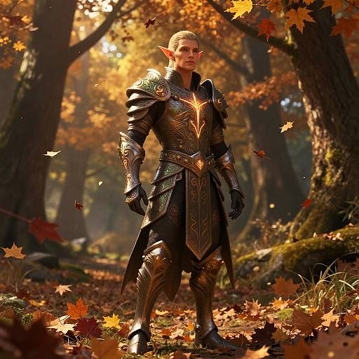 Photorealistic CGI of a tall, elven male warrior in ornate, glowing autumn armor standing in a sunlit forest with falling leaves.