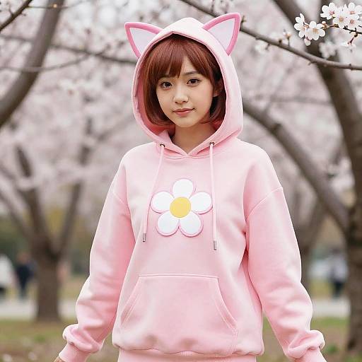 Asian girl with short brown hair wearing a pink cat-eared hoodie with flower design, standing in a cherry blossom park.