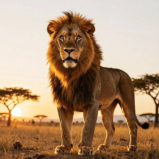 Photograph of a majestic male lion with a full mane, standing in a golden savanna at sunset, with acacia trees in the background.