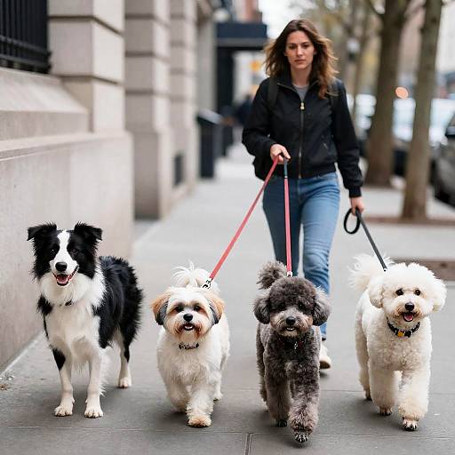 Woman Walking Four Dogs in City