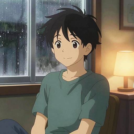 Anime-style digital drawing of a young boy with black spiky hair, wearing a green shirt, sitting indoors by a rain-streaked window, with