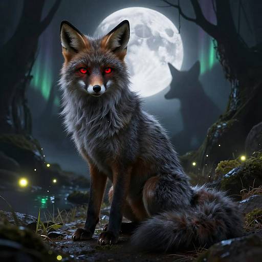 Fluffy Anthro Fox with Red Eyes at Moonlit Cave