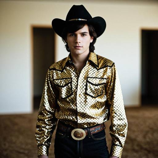 Young Man in Gold Cowboy Shirt and Black Hat