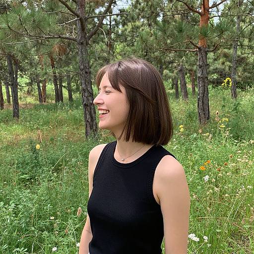 Laughing Woman in Forest Clearing