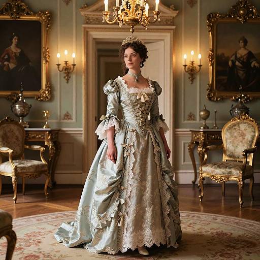 Photograph of a regal woman in an ornate, silver brocade gown with lace trim, standing in an opulent, classical-style room with