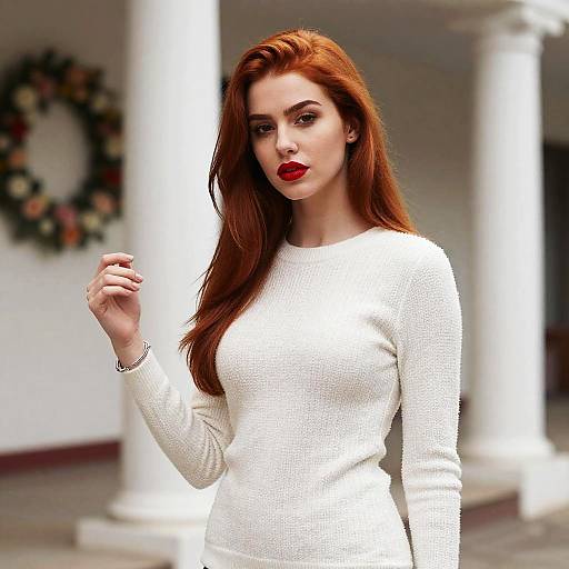 Photograph of a red-haired woman with fair skin, wearing a white, long-sleeved knit dress, standing indoors near white columns, with a