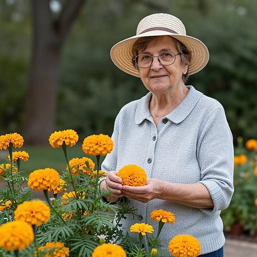 Photograph of an elderly woman with glasses, wearing a straw hat and light gray sweater, smiling while holding yellow marigold flowers in a garden.