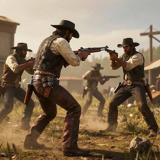 Digital art: Four armed cowboys in vests and hats, firing rifles in a dusty, sunlit Western town with buildings and grass.