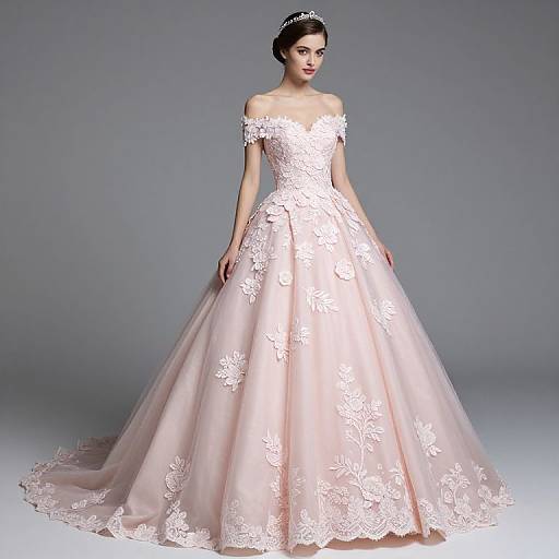 Photograph of a fair-skinned woman in an off-shoulder, pale pink lace wedding gown with floral embroidery, standing against a grey background,