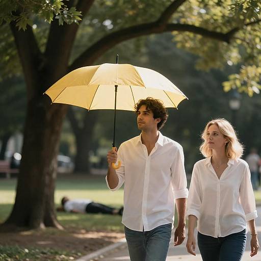 Sunlit Park Stroll with Yellow Umbrella