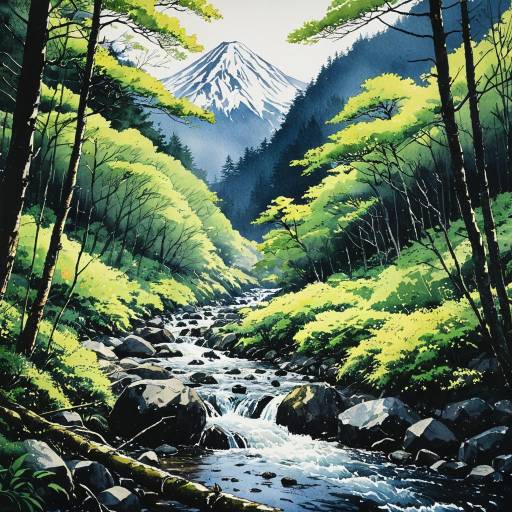Spring Mountain Stream in Japanese Forest