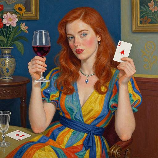 Digital painting of a redheaded woman with fair skin, wearing a colorful striped dress, holding a wine glass and a playing card, seated in an elegant