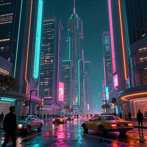 Neon-lit futuristic city street at night, vibrant pink, blue, and purple lights on skyscrapers, raining, yellow taxis, pedestrians,