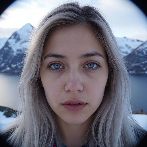 Close-up photograph of a young woman with silver-gray hair, blue eyes, fair skin, and pink lips, set against a snowy mountain background.