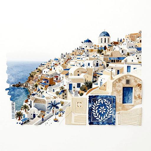 Mediterranean Coastal Collage with Stitched Textures