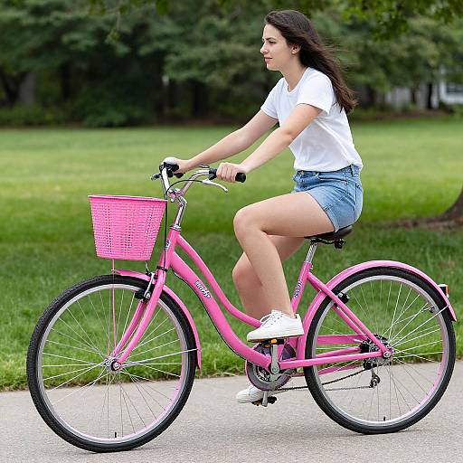 Photograph of a young woman with long brown hair, wearing a white t-shirt and blue denim shorts, riding a pink bicycle with a pink basket on