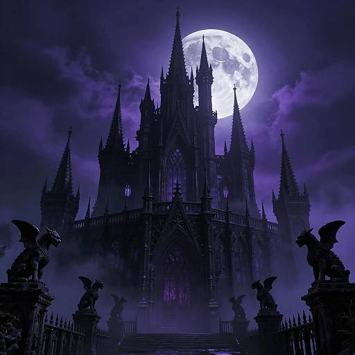 Silhouetted gothic castle under a bright full moon, surrounded by dark clouds and mist, with winged statues at the entrance. Digital art
