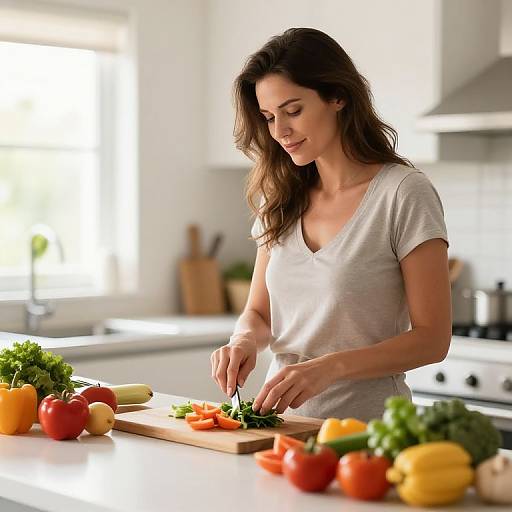 Photograph: Beautiful brunette woman in white V-neck shirt chopping fresh vegetables on a kitchen counter, surrounded by colorful vegetables. Bright, modern kitchen background.