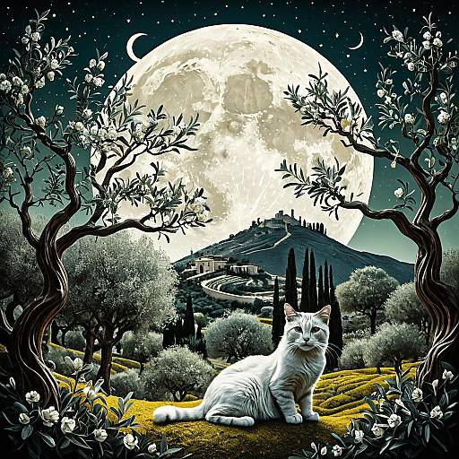 Surreal White Cat Amid Olive Trees Under Large Moon