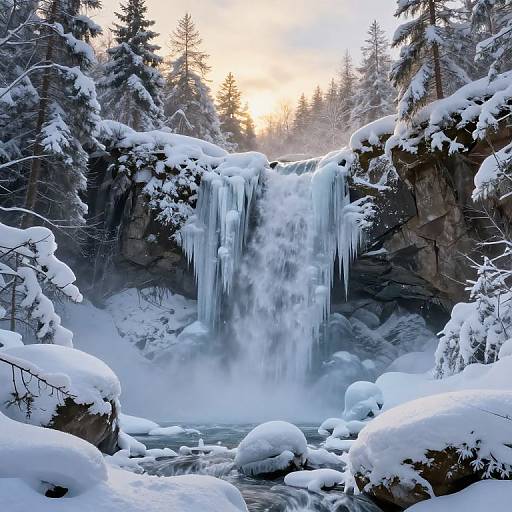 Photograph of a snow-covered waterfall in a forest, with icicles hanging from the rocky cliffs, surrounded by snow-laden trees and rocks at sunset