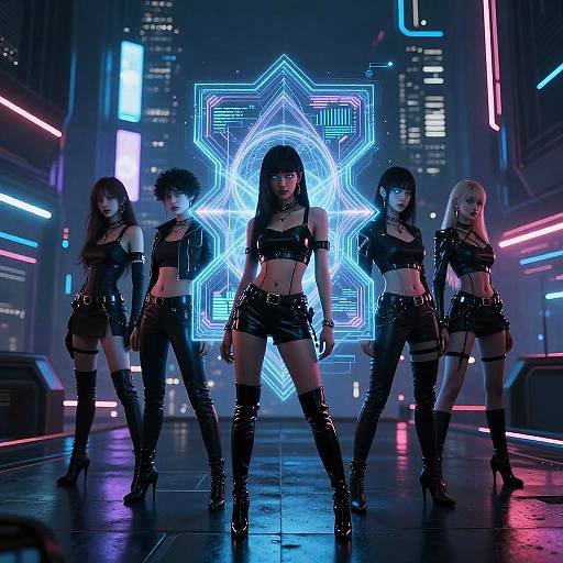 Digital artwork of five women in black leather outfits, standing in a neon-lit, cyberpunk cityscape with a glowing star backdrop.