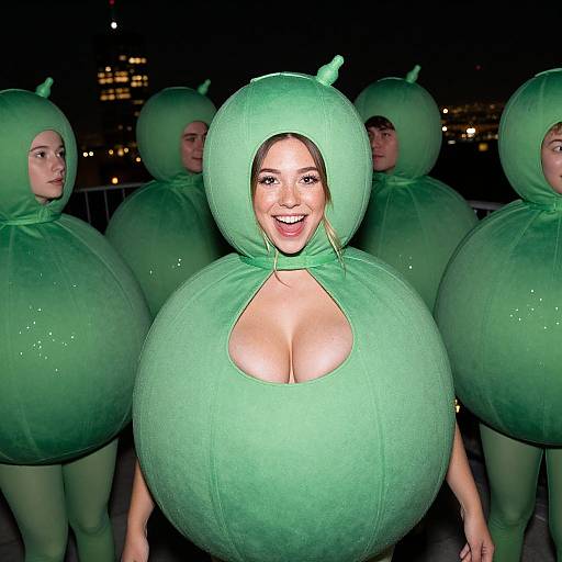 Photograph of a smiling woman with large green, balloon-like costume, exposing cleavage, standing with four similarly dressed people at night, city lights in