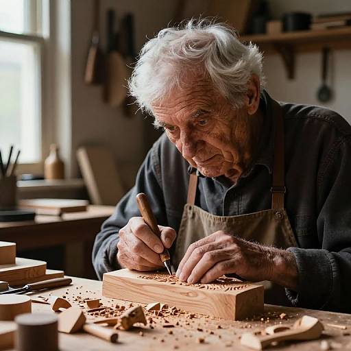 Photograph of an elderly white man with white hair, deeply focused, carving wood in a dimly lit workshop, wearing a dark shirt and brown apr