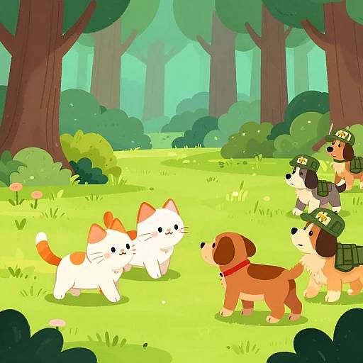 Colorful Cartoon Cat and Dog Battle