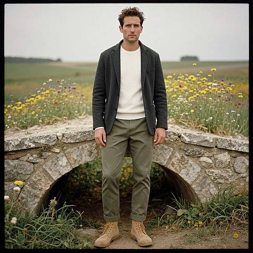 Man in Charcoal Blazer by Stone Bridge