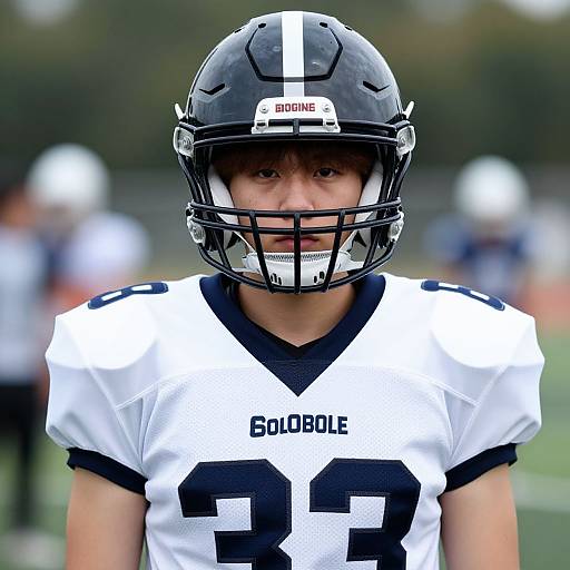Photograph of a young male football player in a white and black Boobie uniform, number 23, with black helmet and face mask, standing