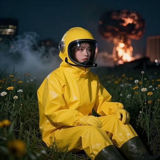 Photograph of a young woman in a bright yellow hazmat suit, sitting in a grassy field with daisies, against a dark night sky