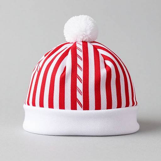Photograph of a red and white striped winter hat with a fluffy white pom-pom on top, set against a plain light gray background.