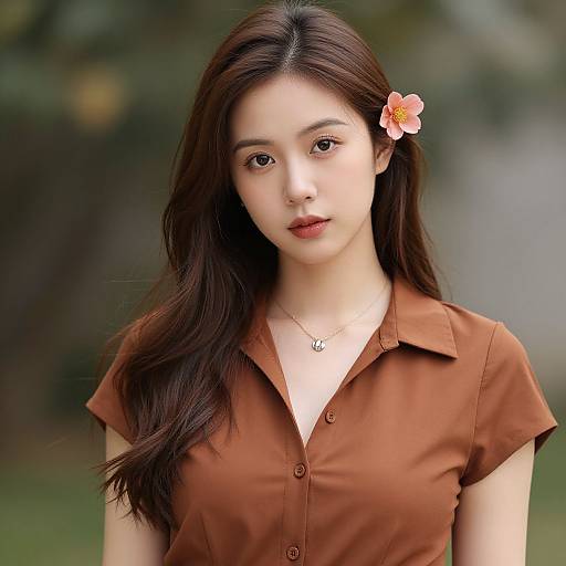 Photograph of an East Asian woman with long dark hair, wearing a brown button-up shirt, a pink flower in her hair, and a silver necklace