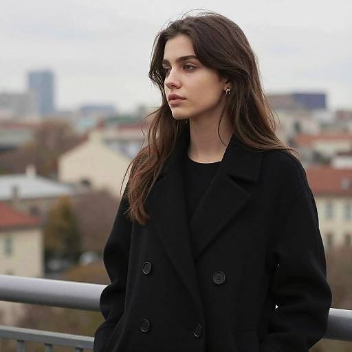 Photograph of a young woman with long brown hair, wearing a black coat, standing on a balcony with a blurred cityscape background. Overcast sky