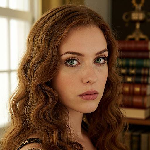 Photograph of a fair-skinned, blue-eyed woman with wavy, auburn hair, wearing black, standing in a library with sunlight and