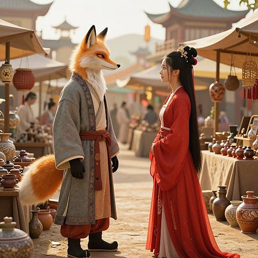 Digital artwork of a fox anthropomorph in traditional Korean attire facing a long-haired Asian woman in a red kimono at a bustling market. Sunlit