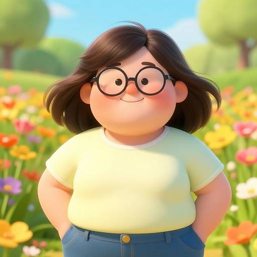 CGI digital art of a chubby, smiling girl with large black glasses, medium-length brown hair, yellow shirt, blue jeans, standing in a vibrant