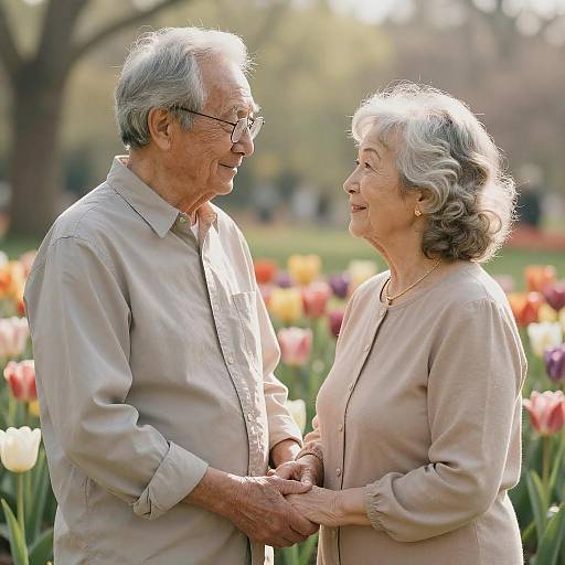 Photograph of elderly couple standing in blooming tulip garden, holding hands, smiling, wearing beige clothes, sunlight filtering through trees.
