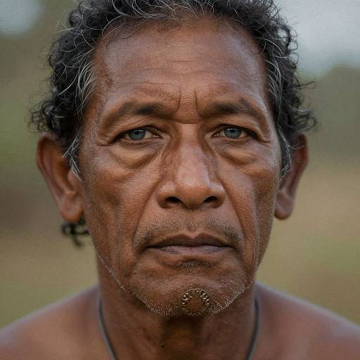 Close-up photograph of an elderly, weathered man with curly black hair, dark brown skin, and a serious expression, wearing a cross earring and