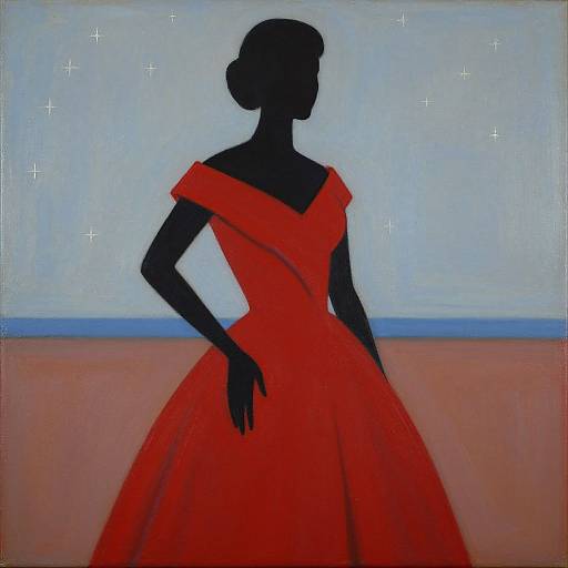 Artistic painting of a black silhouette woman in a vibrant red, off-the-shoulder dress, standing against a light blue and orange background with small