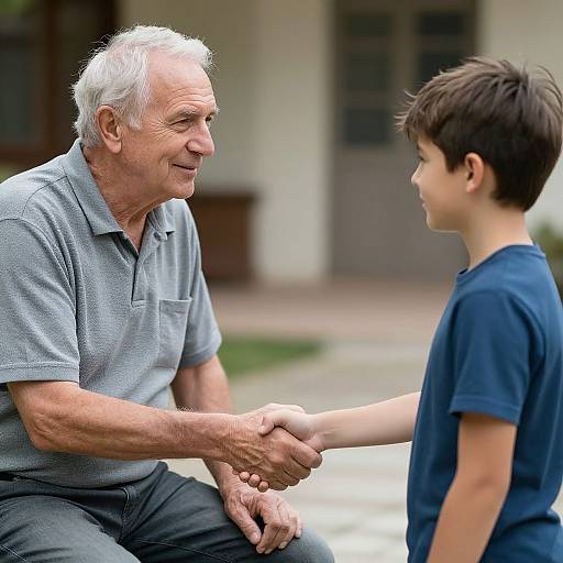 Photograph of elderly man with white hair in gray polo, shaking hands with young boy in blue shirt outdoors. Warm, gentle expression. Background: blurred