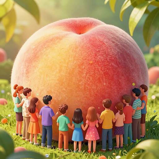 CGI image: A group of diverse children stands in awe, gazing at a massive, fuzzy, pink peach in a sunlit orchard.