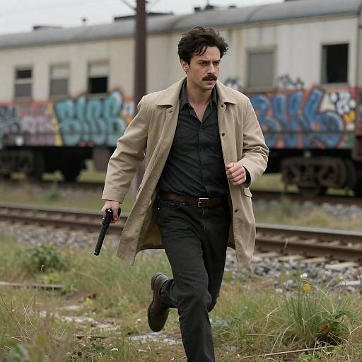 Man in Beige Coat Running with Gun