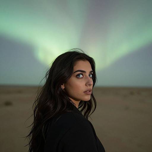 Photograph of a young woman with long black hair, dark eyes, and light skin, standing in a desert at night, with vibrant green aurora