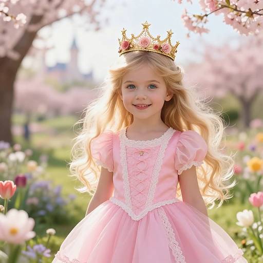 Blonde girl with long wavy hair wears a pink dress and gold crown, smiling in a sunlit, blooming garden. Photograph.